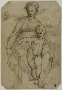 Maagd en Kind (recto); Schets van Drie Heiligen en Karikatuurschets (verso) door Parmigianino