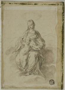 Maagd en kind gezeten op wolken door Parmigianino