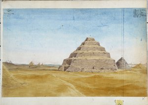 Uitzicht op de piramides van Sakarra, Egypte januari 1819 door Pascal Xavier (after) Coste