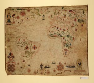Een portolaankaart van de Atlantische Oceaan en aangrenzende continenten door Pascoal Roiz