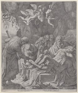 Christus wordt in het graf gelegd terwijl de Maagd erachter staat te huilen door Pasquale Ottino