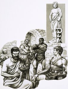 Een arts bij de gladiatorenspelen lapt overlevenden op