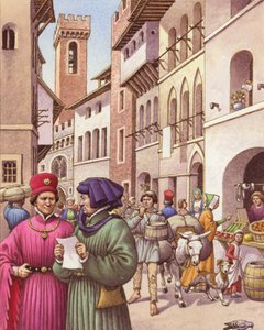 Een typisch straatbeeld in Florence in de vroege 15e eeuw (gouache op papier) door Pat (1907-95) Nicolle