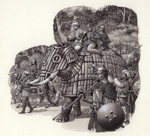 Gepantserde Chinese legerolifant (gouache op papier)