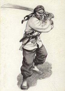 Chinese bokser krijger (gouache op papier) door Pat (1907-95) Nicolle