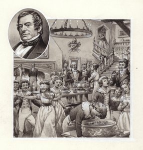 Kerstviering in het huis van een Engelse squre (gouache op papier)