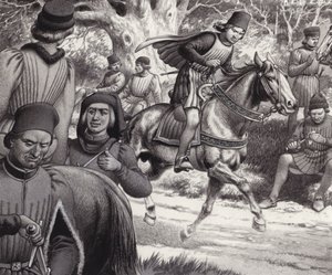Samenzweerders kijken toe als Lorenzo de Medici voorbij rijdt (gouache op papier)