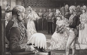 Debutantes gepresenteerd aan Edward VII (1844-1925) en koningin Alexandra (1841-1910) (gouache op papier)