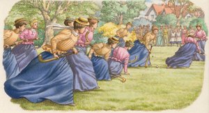 Hockey, gespeeld door vrouwen in lange rokken (gouache op papier)