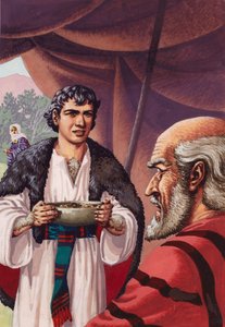 Jakob, vermomd, brengt een schotel met hete hertenvlees naar zijn vader Isaac (gouache op papier)
