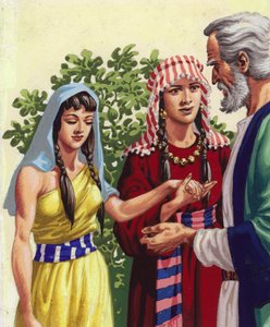 Sarai stelt Hagar voor aan Abraham (gouache op papier)