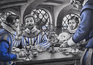 Sir Francis Drake (1540-96) aan tafel (gouache op papier)