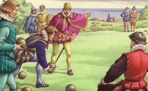 Sir Francis Drake speelt bowls voor de aankomst van de Spaanse Armada (gouache op papier)