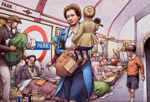 De ondergrondse tijdens de Blitz door Pat (1907-95) Nicolle