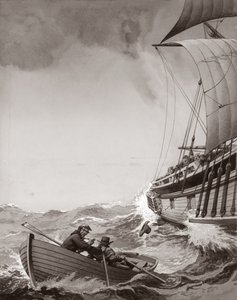 Twee boodschappers van de koning proberen de haven van Calais binnen te roeien (gouache op papier)