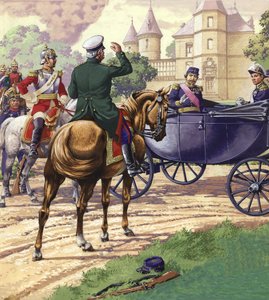 Graaf Bismark nadert de koets van Napoleon III (gouache op papier)