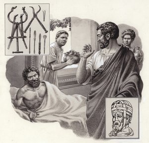De arts Galen riskeert zijn leven door een Romeinse keizer te vertellen dat hij te veel heeft gegeten (gouache op papier)
