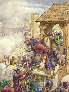 De troepen van Godfried van Bouillon doorbreken de muren van Jeruzalem (gouache op papier)