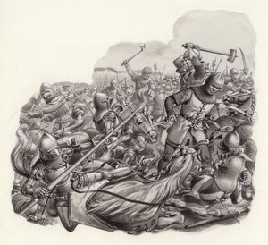 Afgeslachte ridders op het slagveld (gouache op papier)