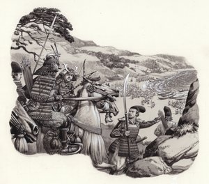 Mongolen vallen Japan binnen (gouache op papier)