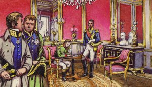 Napoleon tekent de troonsafstand in het paleis van Fontainbleau (gouache op papier)