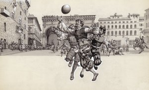 Voetballen in Florence (gouache op papier)