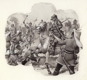 Poolse cavalerie in gevecht met Turkse Janitsarenregimenten bij Wenen in 1683 (gouache op papier)