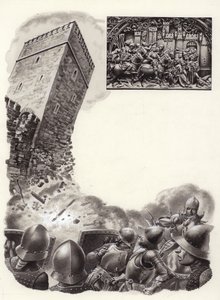 Spaanse soldaten blazen fortificaties op met buskruit (gouache op papier)