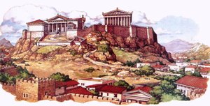 De Akropolis, of oude citadel, van Athene zoals die eruitzag in de 5e eeuw