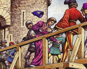 De kroonprins ontmoet Jan zonder Vrees, hertog van Bourgondië, op de brug over de Seine (gouache op papier)