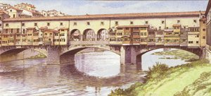 De Ponte Vecchio zoals hij was in de jaren 1970 (gouache op papier)