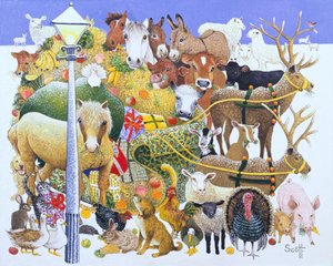 Een kerstfeest (olieverf op doek) door Pat Scott