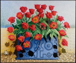 Getting There, 2011 (acryl op calico) bloemen; tulpen; stilleven; bloembak; pad; kikker; vlinders; door Pat Scott