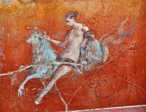 Oplontis, bij Napels, Italië (Napoli, Italia): muurschilderingen in Villa Poppaea - detail van Romeinse fresco, mythologische scène de ontvoering van Europa - Romeinse kunst - Foto Patrice Cartier - door Patrice Cartier