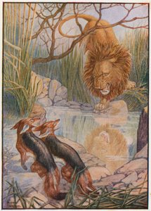Een leeuwengezicht keek hem aan uit het water (kleur litho) door Patten Wilson