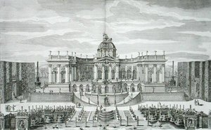 De Grote Grot en de Fonteintuin bij het Prinselijke Lustpaleis en Tuinen, Berlijn, gegraveerd door Johann August Corvinus, gepubliceerd ca. 1711-16 (gravure)