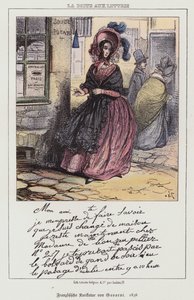 Vrouw die een brief gaat posten, Franse cartoon door Paul (after) Gavarni