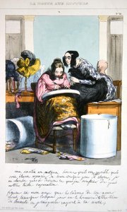 Werker in een hoedenmakerij die een brief schrijft, ca. 1840