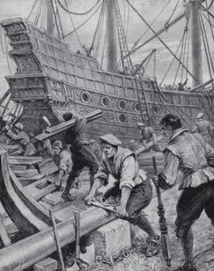 Bouw van het Engelse galjoen Ark Royal, het vlaggenschip in de strijd tegen de Spaanse Armada in 1588 door Paul (after) Hardy