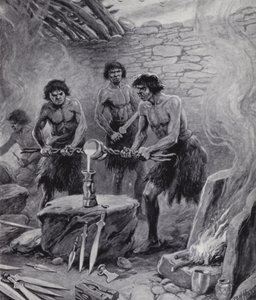 Mannen aan het werk in een gieterij tijdens de Bronstijd (litho) door Paul (after) Hardy