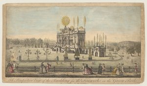 Een perspectivisch uitzicht op het gebouw voor het vuurwerk in het Green Park, Londen, ca. 1749