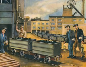 De mijnkop van een kolenmijn in het Verenigd Koninkrijk (kleurenlitho) door Paul B. Mann