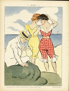 Illustratie van Paul Balluriau (1860-1917) in Le Rire, 01/08/08 - Stranden - Vrije tijd, Liefde, Mode, Maritiem, Zwemkleding door Paul Balluriau