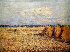 Vlak landschap met geoogst graanveld door Paul Baum