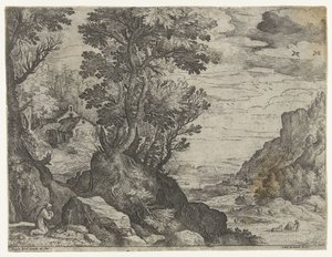 Berglandschap met biddende kluizenaar door Paul Bril