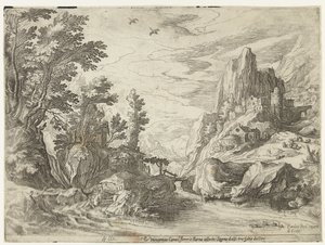 Rivierlandschap in Campania met stad op rotsen door Paul Bril