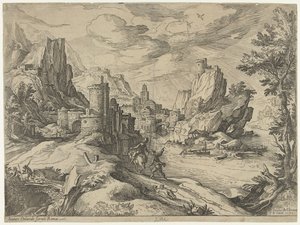 Rotskust in Campania met stad en reizigers