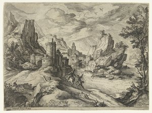Rotskust in Campania met stad en reizigers door Paul Bril