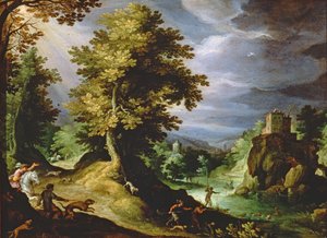 Landschap met een hertenjacht, 1591 door Paul Bril