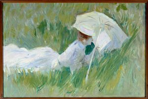Portret van Madame Helleu, echtgenote van de schilder, in het gras